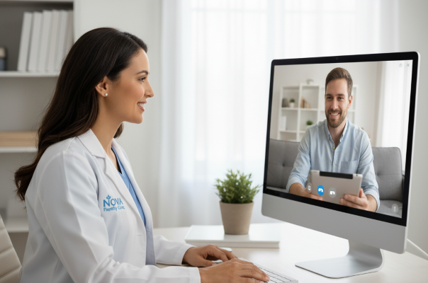 A professional doctor providing virtual care on a computer.